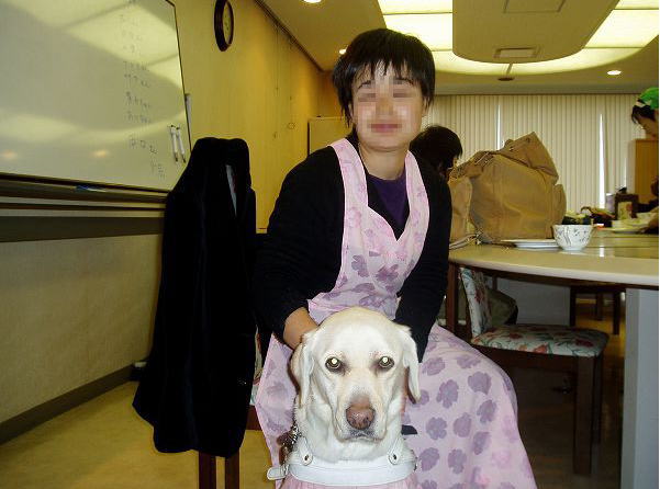 正面向きのワイズとあきエプロン姿でいすに腰掛けている写真
